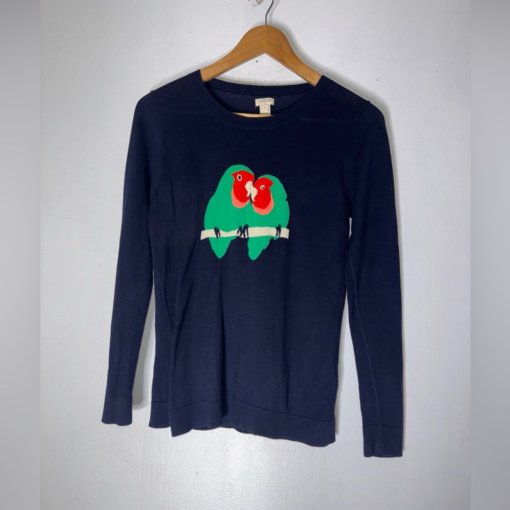 J Crew Factory Small‎ Navy Lovebirds Cotton Crew Neck Sweater